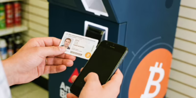Customer holding an ID in a Convenience Store due to Bitcoin ATM ID requirements for identity verification